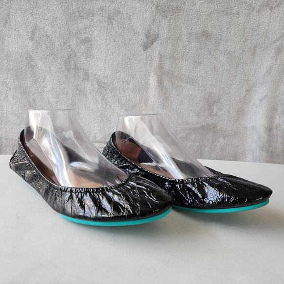 Tieks Shoes Womens 10 Leather Obsidian Black Embossed Croc Patent Ballet Flat - Picture 2 of 11